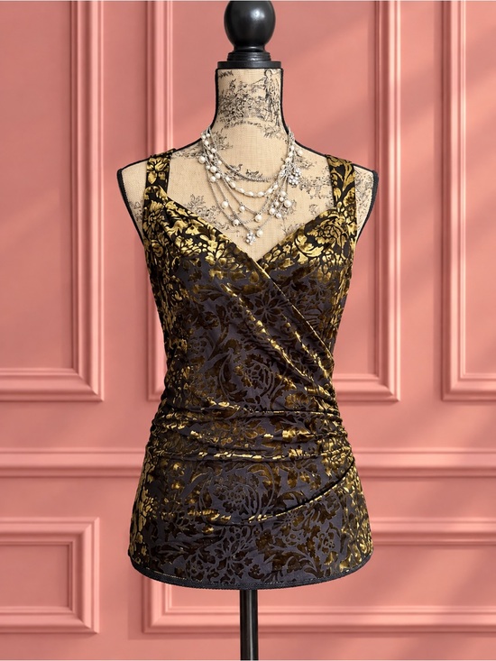 le chateau Tops - Y2K Le Château Sleeveless Velvet Burnout Floral Wrap Tank Top in Black & Green